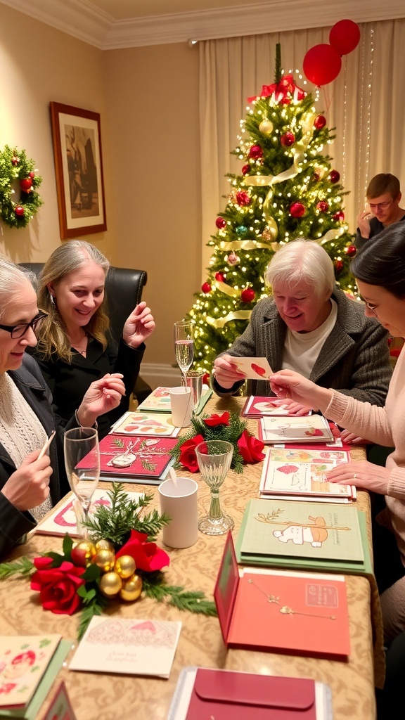 A joyful Christmas card exchange party with handmade cards, decorations, and guests sharing greetings.